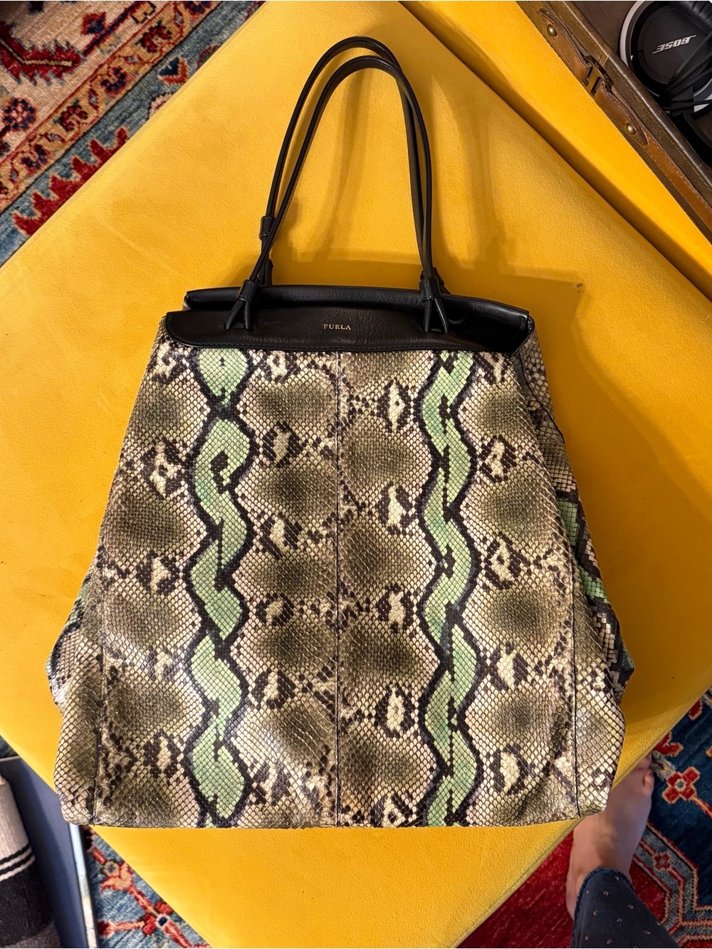 Furla Green and Black Python-Print Tote